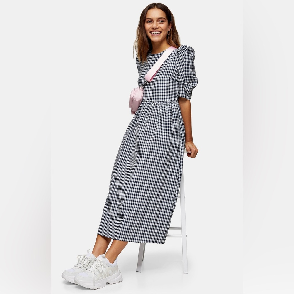 Topshop Gingham Lace Up Back Dress NWT